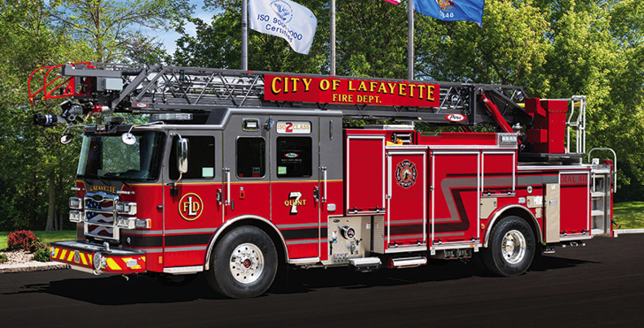 Pierce—Lafayette (IN) Fire Department PUC 75-foot aerial ladder quint. Enforcer cab and chassis; Cummins L 9 450-hp engine; Pierce 1,500-gpm single-stage pump; UPF Poly 400-gallon water tank; Harrison 6-kW generator. Dealer: Garry Davis, Global Emergency Products, Whitestown, IN.