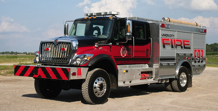 Rosenbauer—Union City (IN) Fire Department Timberwolf pumper. International HD 7500 4×4 cab and chassis; Cummins L9 450-hp engine; Rosenbauer NH 1,250-gpm pump with pump-and-roll feature; UPF Poly 750-gallon water tank; 30-gallon foam cell; Rosenbauer Fix Mix Class A foam system; EXT heavy-duty aluminum body; ground sweep nozzles. Dealer: Jeff Stigall, Sentinel Emergency Solutions, Arnold, MO.