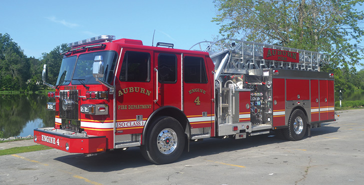 Sutphen—Auburn (NY) Fire Department single-axle aerial SA75 aerial ladder quint. Monarch cab and chassis; Cummins L9 450-hp engine; Waterous CSU-2000 2,000-gpm pump; 470-gallon polypropylene tank; 30-gallon foam cell; FoamPro 2001 single-agent foam system. Dealer: Nick Catalino, Vander Molen Fire Apparatus Sales and Service, Syracuse, NY.