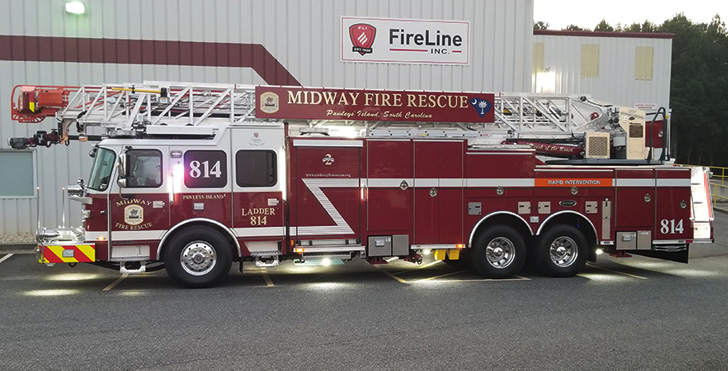 E-ONE—Midway Fire Rescue, Pawleys Island, SC, aerial ladder quint. Cyclone II cab and chassis; Cummins X12 500-hp engine; 137-foot aerial ladder; Hale Qmax 2,000-gpm pump UPF Poly 300-gallon water tank; Onan 10-kW generator. Dealer: Ryan McDonel, Fireline Inc, Winder, GA.