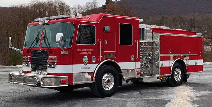 KME—San Bernardino County (CA) Fire Department rescue-pumper. KME Severe Service cab and chassis; Cummins X12 500-hp engine; Hale Qmax 1,500-gpm pump; UPF Poly 500-gallon water tank; 30-gallon foam cell; FoamPro 2001 single-agent foam system; external EMS compartment with hinged doors and internal access; Vista interior; Zico “single-arm” hydraulic ladder rack. Dealer: Brandon Gomez, REV Fire Group, Jurupa Valley, CA.