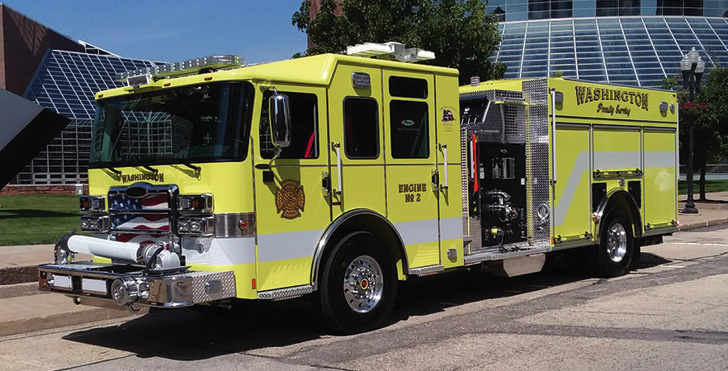 Pierce—Washington (IL) Fire Department top-mount pumper. Enforcer cab and chassis; Detroit DD13 505-hp engine; Waterous CSU 1,500-gpm pump; UPF Poly 1,250-gallon water tank; Will-Burt Pow NS4.5-900WHL light tower; Harrison 6-kW generator. Dealer: Greg Hinkens, Global Emergency Products, Aurora, IL. (Photo by author.)