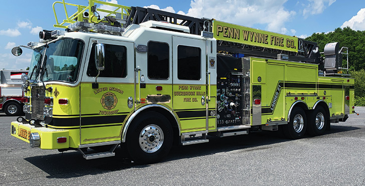 KME—Penn Wynne-Overbrook Hills (PA) Fire Company, 103-foot rear-mount Tuff Truck™ AerialCat™ ladder quint. Predator LFD cab and chassis; Cummins X12 500-hp engine; Waterous CSU 2,000-gpm pump; UPF Poly 500-gallon water tank; TOP rollover protection system; Straight Shot hosebed. Dealer: Vince Fusaro, KME, Nesquehoning, PA.