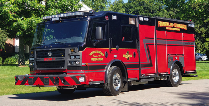 Rosenbauer—Franklin-Bingham Fire Department, Franklin, MI, pumper. Commander cab and chassis; Cummins L9 450-hp engine; Waterous CSUC20 1,500-gpm pump; 1,000-gallon polypropylene water tank; 20-gallon foam cell; FRC TurboFoam TFC 100 single-agent foam system. Dealer: Bill Sedlacek. Emergency Vehicles Plus, Holland, MI. (Photo courtesy of Tony Averbuch.)