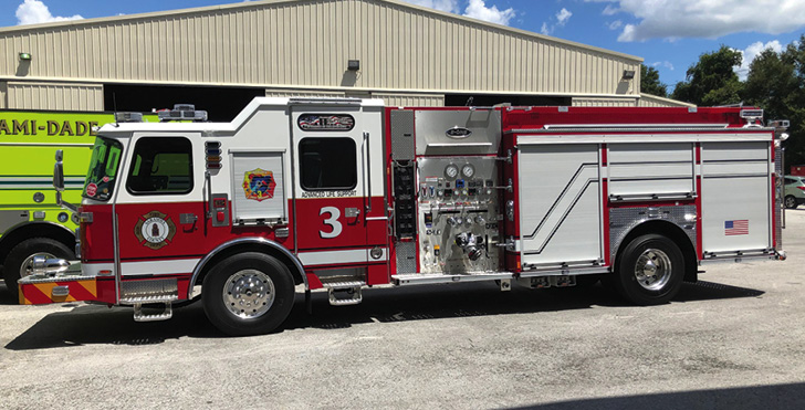 E-ONE—Sarasota County (FL) Fire Department rescue-pumper. Cyclone II cab and chassis; Cummins L9 450-hp engine; Hale Qmax 1,250-gpm pump; 1,000-gallon polypropylene water tank; 30-gallon foam cell; FoamPro 2001 single-agent foam system; Harrison 6-kW generator; FRC 360 camera system. Dealer: RTC Direct, Ocala, FL.