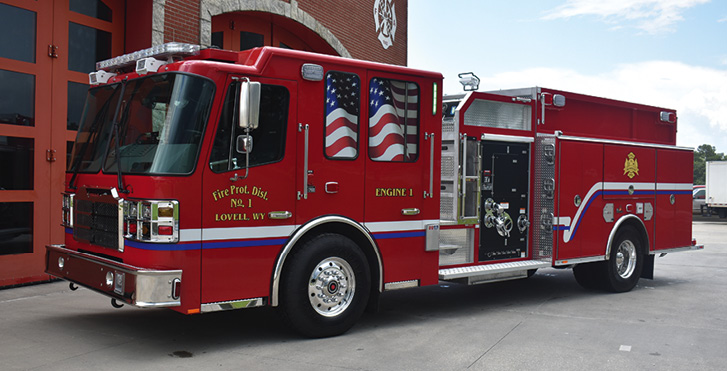 Ferrara—Big Horn County Fire District #1, Lovell, WY, top-mount pumper. Cinder cab and chassis; Cummins L9 450-hp engine; Waterous CSU 1,500-gpm pump; 1,000-gallon polypropylene water tank; two 20-gallon foam cells; FoamPro 2002 Class A and B foam system; TFT Crossfire XFC-62 1,250-gpm portable lightweight monitor package. Dealer: Mike Covington, Star Emergency Group, Houston, TX.