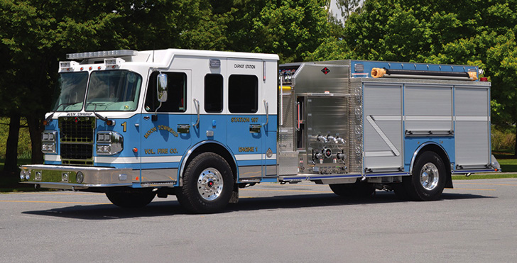 Spartan ER—Moon Township (PA) Volunteer Fire Company pumper. Metro Star LFD cab and chassis; Cummins ISL 450-hp engine; Hale Qmax 1,500-gpm pump; 1,000-gallon polypropylene water tank; 40-gallon foam cell; Harrison 8-kW generator. Dealer: Dan Polinsky, 1st Out Specialty Vehicles & Equipment, Moon Township, PA. (Photo by Jason Coleman-Cobb.)