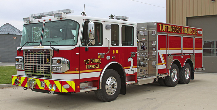 Toyne—Tuftonboro Fire Department, Mirror Lake, NH, pumper. Spartan Gladiator MFD cab and chassis; Cummins X15 565-hp engine; Waterous CSCU20 1,500-gpm pump; UPF Poly 2,000-gallon water tank; 30-gallon foam cell; FoamPro 2002 Glass A foam system; Onan 10-kW generator; Elkhart Stinger model 8297 monitor with TFT 18-inch extension. Dealer: Jake Bourdeau, Eastern Fire Apparatus, Milton, NH.