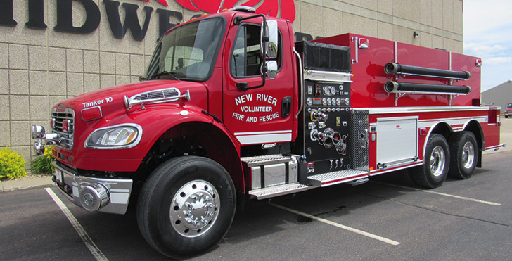 Midwest Fire—New River Volunteer Fire & Rescue, Crumpler, NC, tanker-pumper. Freightliner M2 cab and chassis; Cummins L9 350-hp engine; Waterous CSU 1,500-gpm pump; APR polypropylene 3,000-gallon water tank; three Newton 10-inch square dump valves with telescoping chutes; Zico electric portable tank carrier and 3,000-gallon portable tank; All-Poly™ construction, “sweep out” compartments; Rear View Safety rear-view camera system. Dealer: Joe Hlushak, Midwest Fire, Luverne, MN.