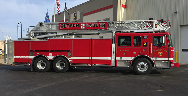 Seagrave—Hudson (NH) Fire Department 100-foot 500 Force rear-mount aerial ladder. Marauder stainless steel full-tilt cab and chassis; Cummins X12 500-hp engine; air bottle compartment for 8 air bottles; 48-inch transverse compartment. Dealer: Charlie Nigzus, Fleetmasters Sales & Service, Windsor Locks, CT.