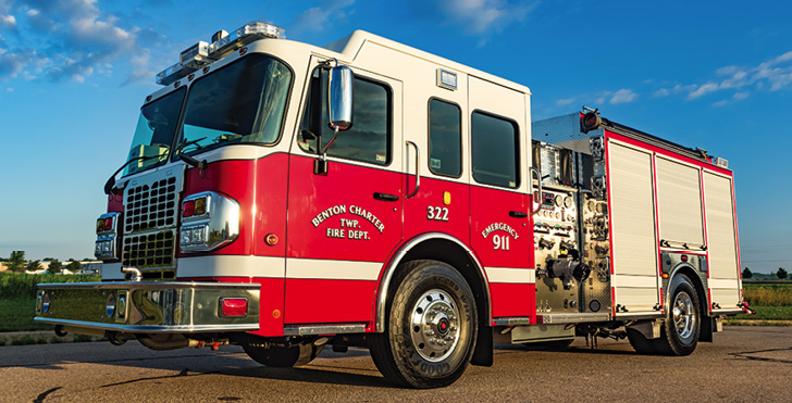 Spencer Manufacturing—Benton Township (MI) Fire Department pumper. Spartan Metro Star cab and chassis; Cummins L9 400-hp engine; Hale Qflo 1,250-gpm pump; APR polypropylene 1,000-gallon water tank; 20-gallon foam cell; Smart Foam 2.1A single-agent foam system; Smart Power 6.2-kW generator. Dealer: Grant Spencer, Spencer Manufacturing, South Haven, MI.