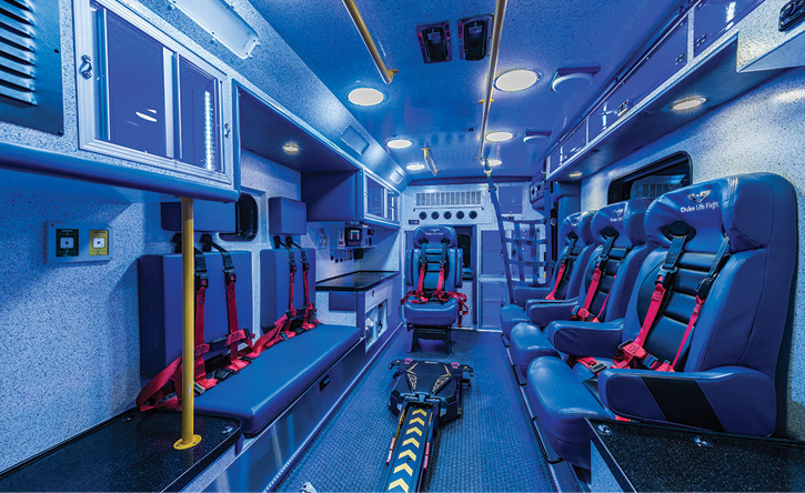 The interior of the Duke Life Flight critical care transport ambulance.