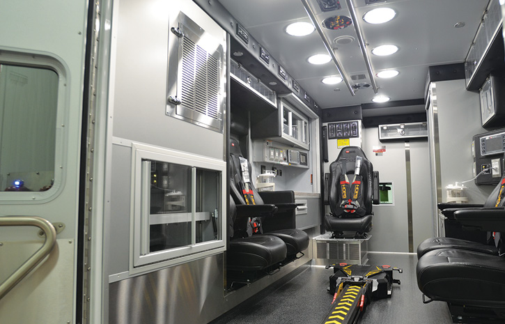 The interior of a pediatric critical care ambulance built by Horton for Children’s Hospital of San Antonio (TX).