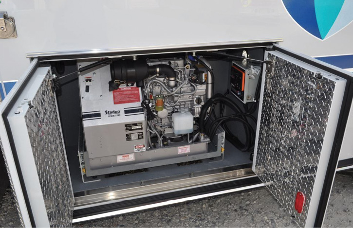 The critical care transport ambulance Road Rescue built for Vidant EastCare carries a Stadco generator in an exterior compartment to handle electrical needs if the rig loses chassis power. 