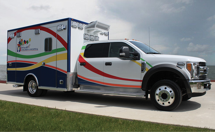 Life Line Emergency Vehicles built this pediatric critical care ambulance on a Ford F-550 chassis and cab for Driscoll Children’s Hospital (TX)