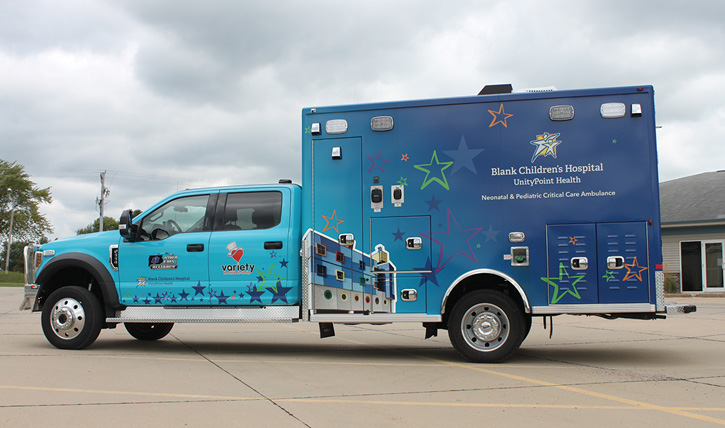 Life Line Emergency Vehicles built this neonatal and pediatric critical care ambulance on a Ford F-550 chassis and cab for Blank Children’s Hospital (IA).