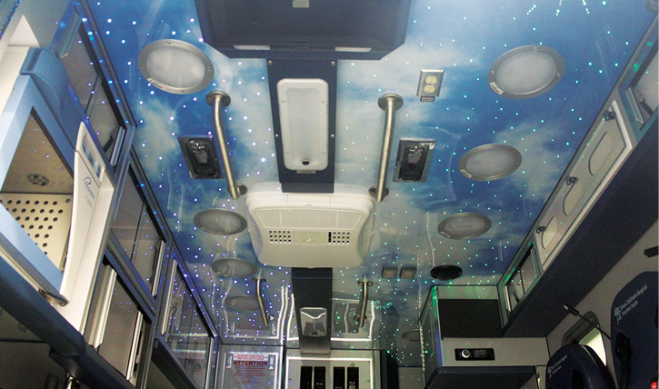 The ceiling of the Blank Children’s Hospital neonatal and pediatric critical care ambulance has 1,500 fiber optic lights in the ceiling that can simulate fireworks and shooting stars.