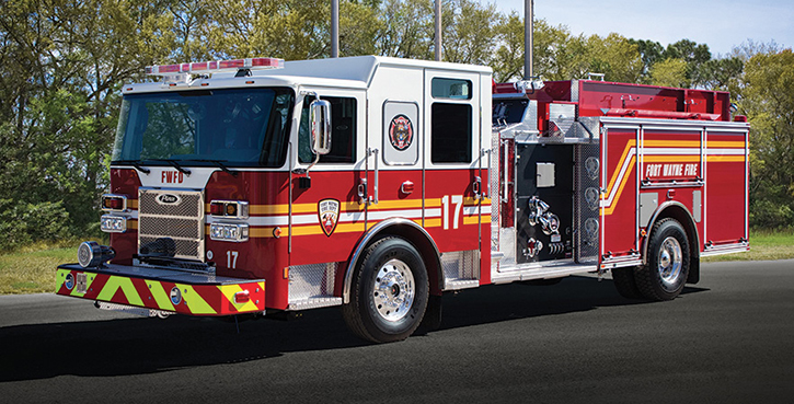 Pierce—Fort Wayne (IN) Fire Department pumper. Saber cab and chassis; Cummins L9 450-hp engine; Waterous CSU 1,250-gpm pump; UPF Poly 750-gallon water tank; Whelen warning lights and scene lights. Dealer: Garry Davis, Global Emergency Products, Whitestown, IN.