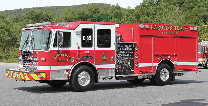 KME—Carolina Trace (NC) Volunteer Fire Department pumper. Predator Panther cab and chassis; Cummins L9 450-hp engine; Waterous CSU-C20 1,500-gpm pump; UPF Poly 1,000-gallon water tank; Amdor roll-up compartment doors; AXIS™ Smart Truck vehicle monitoring system; Whelen scene lights and warning lights package. Dealer: Chad Donaldson, SAFE Industries, Easley, SC.