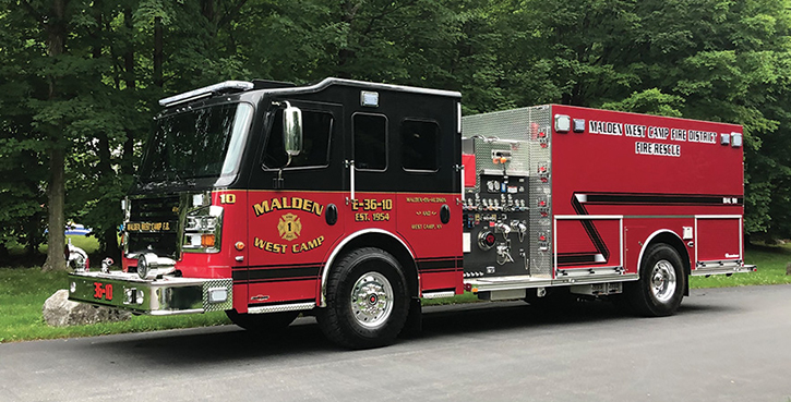 Rosenbauer—Malden West Camp Fire District, West Camp, NY, pumper. Commander 548 cab and chassis; Cummins L9 450-hp engine; Hale DSD 1,500-gpm pump; UPF Poly 1,500-gallon water tank; Command Light CL602 light tower; Harrison 15-kW generator. Code 3 LED warning lights. Dealer: Blake Garrison, Garrison Fire & Rescue Corp, Palenville, NY.