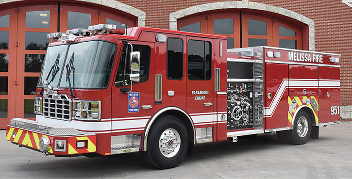 Ferrara—Melissa (TX) Fire Department pumper. Inferno cab and chassis; Cummins X12 500-hp engine; Hale 8 Qflo+ 1,250-gpm pump; 500-gallon polypropylene water tank; 30-gallon foam cell; FoamPro 2002 single-agent foam system; Will-Burt Night Scan NS1.8-150 WHL light tower; TFT Hurricane XF1H-E11A deck monitor. Dealer: Randy Franks, Lone Star Emergency Group, Houston, TX.