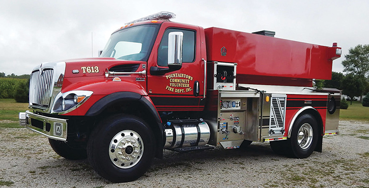 Alexis—Brandywine Township/Fountaintown (IN) Community Volunteer Fire Department tanker. International HV607 cab and chassis; Cummins L9 350-hp engine; 2,000-gallon polypropylene water tank; Waterous CLVK 500-gpm pump; Audiovox backup camera system; three EJ Metals round air-operated dumps with extensions; heavy-duty stainless steel body and subframe. Dealer: Jason Cree, Alexis Fire Equipment, Alexis, IL.