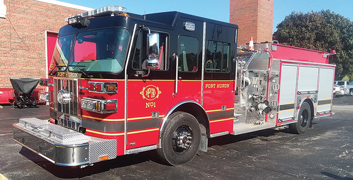 Sutphen—Port Huron (MI) Fire Department pumper. Monarch heavy-duty cab and chassis; Cummins L9 380-hp engine; Hale Qmax 1,500-gpm pump; Pro Poly 750-gallon polypropylene water tank; 20-gallon foam cell; Hale FoamLogix 2.1 Class A foam system. Dealer: David R. Desrochers, Apollo Fire Equipment Company, Romeo, MI. (Photo by author.)