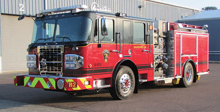 4 Guys Fire Trucks—Hagerstown (MD) Fire Department pumper. Spartan Metro Star LFD cab and chassis; Cummins L9 450-hp engine; Hale Qmax 1,500-gpm pump; UPF Poly 500-gallon water tank; 30-gallon foam cell; FoamPro 1600 single-agent foam system; Audiovox Voyager heavy-duty camera with LCD display in cab; TFT Crossfire deck gun. Dealer: Bob Pursel, Commonwealth Fire Equipment, Winchester, VA.