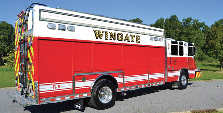 Hackney Emergency Vehicles—Wingate (NC) Fire Department heavy rescue. 2000 Pierce Quantum repurposed cab and chassis; 20-foot Hackney walk around 11-compartment rescue body with drop-pinch frame construction; Onan 25-kW generator; Command Light KL415A-W2 light tower; Whelen LED NFPA warning light package; Spacesaver with 4-bank cascade fill station. Dealer: Neal Dixon, Hackney Emergency Vehicles, Washington, NC.