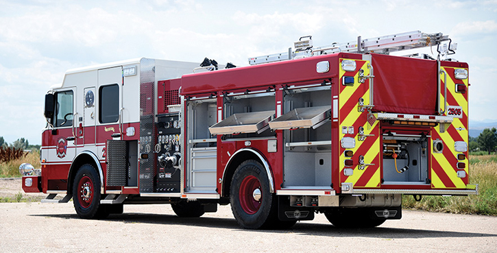 SVI Trucks—Boulder (CO) Fire-Rescue pumper. Spartan Gladiator cab and chassis; Cummins L9 450-hp engine; Waterous CSU 1,500-gpm pump; 500-gallon polypropylene water tank; Harrison 6-kW generator; TFT Hurricane 1,250-gpm deck gun with wireless remote; OnScene Solutions cargo slides with LED compartment lighting. Dealer: Jason Kline, SVI Trucks, Fort Collins, CO.