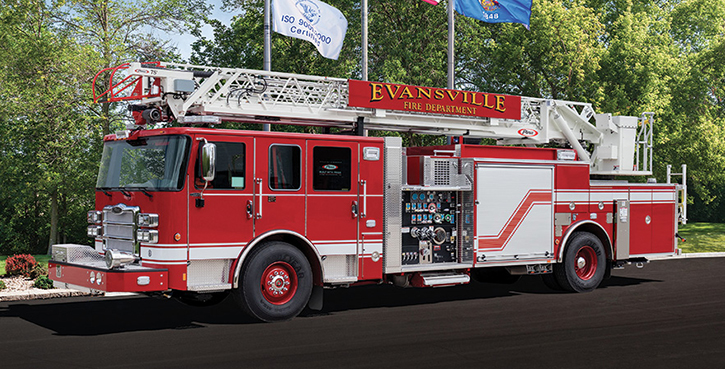 Pierce—Evansville (IN) Fire Department 75-foot heavy-duty aerial ladder quint. Enforcer cab and chassis; Detroit DD13 525-hp engine; Waterous CSU 1,500-gpm pump; UPF Poly 500-gallon tank; Harrison 6-kW generator. Dealer: Tim Learned, Global Emergency Products, Whitestown. IN.