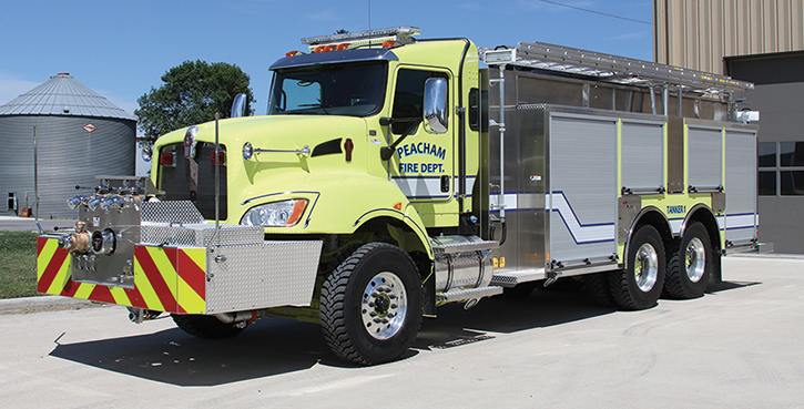 Toyne—Peacham (VT) Fire Department tanker-pumper. Kenworth T270 2-door 6x4 cab and chassis; Cummins L9 450-hp engine; Darley LSF 1,000-gpm pump; UPF Poly 2,500-gallon water tank; Zico hydraulic 2,500-gallon portable tank rack; stainless steel body. Dealer: Nate Shakerly, Shakerly Fire Truck Sales, Clifton Park, NY.