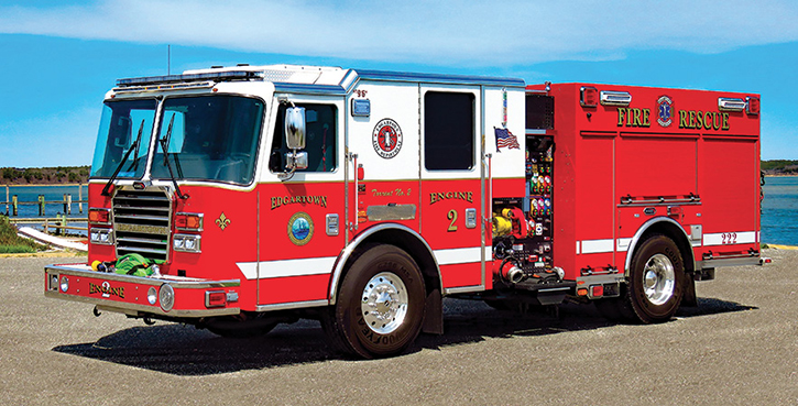 KME—Edgartown (MA) Fire Department PRO pumper. Predator Severe Service XLFD cab and chassis; Cummins L9 450-hp engine; Waterous CX 1,500-gpm pump; UPF Poly 750-gallon water tank; 20-gallon foam cell; Waterous Aquis Class A foam system; Harrison 6-kW generator; Lock-N-Load™ sliding hosebed cover. Dealer: Bulldog Fire Apparatus, Woodville, MA.