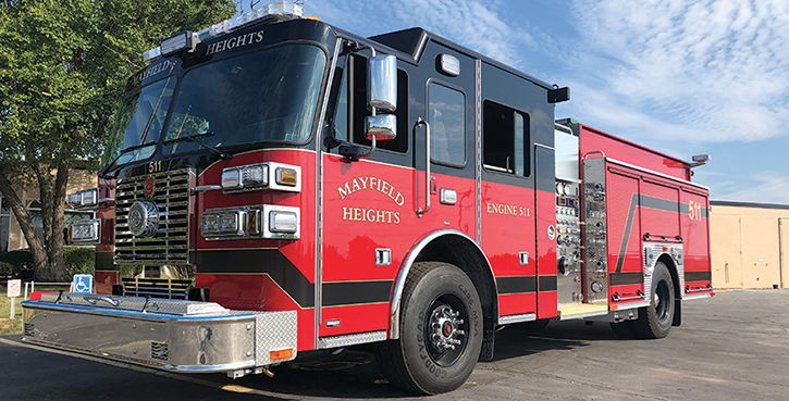 Sutphen—Mayfield Heights (OH) Fire Department pumper. Monarch cab and chassis, Cummins L9 450-hp engine; Hale Qmax 1,500-gpm pump; Pro Poly 750-gallon polypropylene water tank; 30-gallon foam cell; low hosebed; hydraulic ladder rack. Dealer: Bob Jones, Herb Fire Equipment, Powell, OH.