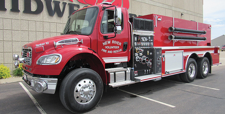 Midwest Fire—New River Volunteer Fire and Rescue, Crumpler, NC, pumper-tanker. Freightliner M2 106 cab and chassis; Cummins L9 350-hp engine; Waterous CSU 1,500-gpm pump; APR polypropylene 3,000-gallon water tank; three Newton stainless-steel 10-inch square dump valves with telescoping chutes; Zico electric portable tank carrier; 3,000-gallon portable tank; All-Poly™ construction. Dealer: Joe Hlushak, Midwest Fire, Luverne, MN.