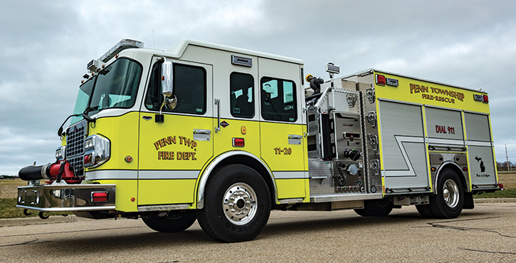 Spencer Manufacturing—Penn Township Fire Department, Cassapolis, MI, pumper. Spartan Metro Star cab and chassis; Cummins L9 450-hp engine; Hale Qmax XS 1,500-gpm pump; 1,000-gallon APR polypropylene water tank; 30-gallon foam cell; Hale 2.1 Class A foam system. Dealer: Spencer Manufacturing, South Haven, MI.