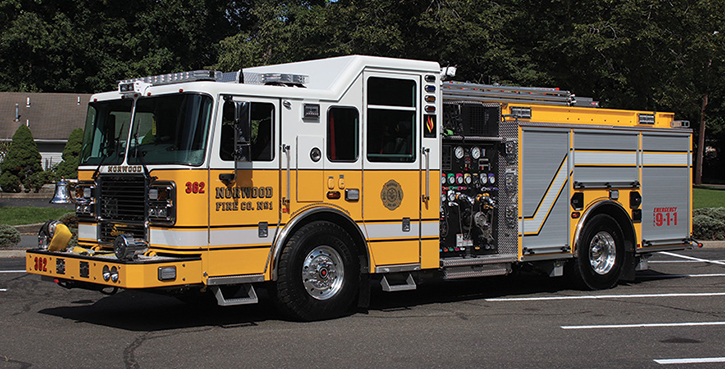 Seagrave—Norwood (NJ) Fire Company No. 1 pumper. Marauder cab and chassis; Cummins X12 500-hp engine; Hale Qmax 1,750-gpm pump; Pro Poly 750-gallon polypropylene water tank; Elkhart 95-gpm bypass eductor foam system; Harrison 10-kW generator. Dealer: Wayne Lyons, Seagrave. (Photo by Ron Jeffers.)