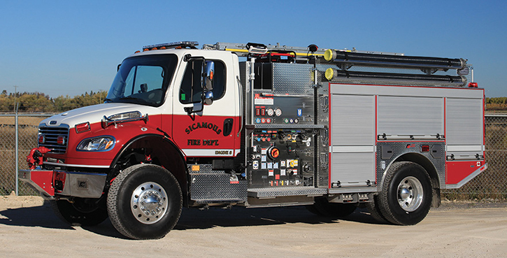 Fort Garry Fire Trucks—Sicamous (British Columbia, Canada) Fire Department, FireWalker Wildland CAFS pumper. Freightliner M2 cab and chassis; Cummins L9 350-hp engine; Waterous CXPA 1,250-gpm pump; Pro Poly 1,200-gallon polypropylene tank; two 36-gallon foam cells; Waterous Aquis 3 dual-agent foam system; Waterous CAFS 140P system; Akron Fire Fox monitor; Honda EM5000 5-kW generator. Dealer: Fire Power Emergency Apparatus & Services Ltd., Nanaimo, British Columbia (Photo by Dave Stewardson.)