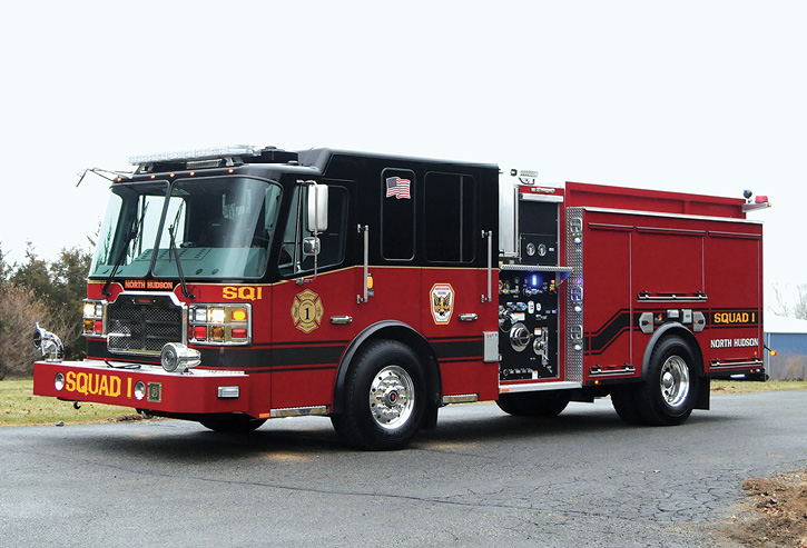 New Jersey’s North Hudson Regional Fire and Rescue (NHRF&R) runs this 1,500-gpm Ferrara with a 500-gallon tank as Squad 1. It features high left-side and low right-side compartments and three crosslays. NHRF&R’s apparatus roster includes six engines, four aerials (ladders or towers), a rescue, and four squads (pumper-rescues). There seems to be a trend to the black-over-red paint scheme.