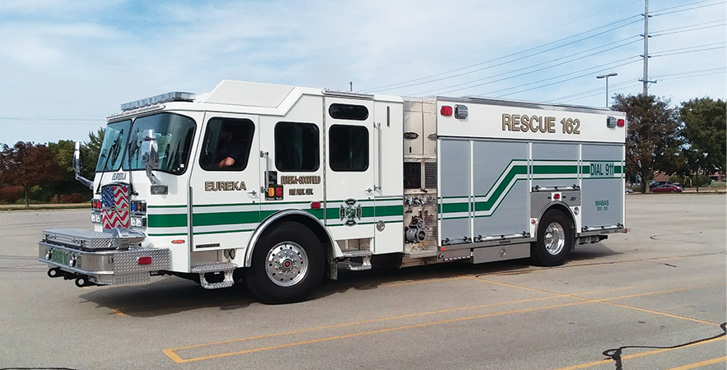 E-ONE—Eureka (IL) Fire Protection district eMAX rescue pumper. Typhoon X cab and chassis; Cummins L9 450-hp engine; eMAX 1,500-gpm pump; UPF Poly 1,000-gallon water tank; 30-gallon foam cell; Akron foam eductor system; Harrison 6-kW generator; Will-Burt 4-head light tower. Dealer: Craig Hamrick, Banner Fire Equipment, Roxanna, IL. (Photo by author.)