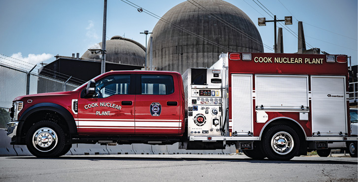 Rosenbauer—DC Cook Nuclear Plant, Bridgman, MI, pumper. Ford F-550 cab and chassis; a Ford F-550; Power Stroke 6.6L 360-hp engine; Rosenbauer N 1,500-gpm pump; 300-gallon polypropylene water tank; 20-gallon foam cell; FoamPro 2001 Class B foam system. Dealer: Bill Sedlacek, Emergency Vehicles Plus, Holland, MI.