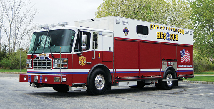 Ferrara—Patterson (NJ) Fire Department heavy rescue. Igniter 2-door cab and chassis; Cummins L9 450-hp engine; 22-foot walk-around rescue body with a 10-foot walk-in compartment; Harrison 10-kW generator; Crosby rope tie down points; bench seat with ladder and pike pole storage; seating for four; Whelen LED light package. Dealer: Jonathon VanNorman, Firefighter One LLC, Sparta, NJ.