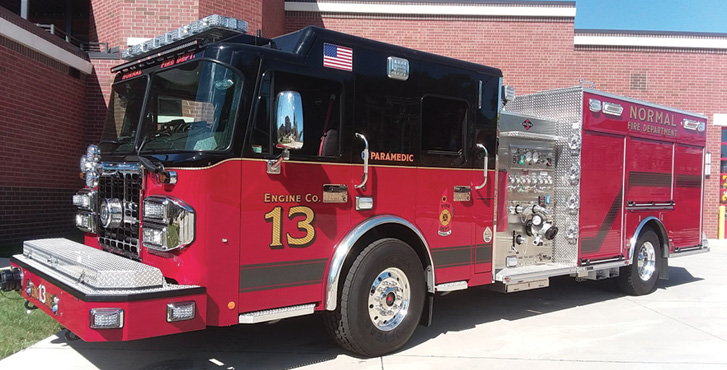 Spartan ER—Normal (IL) Fire Department pumpers (2). Metro Star cabs and chassis; Cummins L9 450-hp engines; Waterous CSU 1,500-gpm pumps; UPF Poly 500-gallon water tanks; 30-gallon foam cells; eductor foam systems; Roto Rays warning lights. Dealer: Rick O’Hara and Norm Johnson, Fire Apparatus and Supply Team Inc., Lincoln, IL. (Photo by author.)