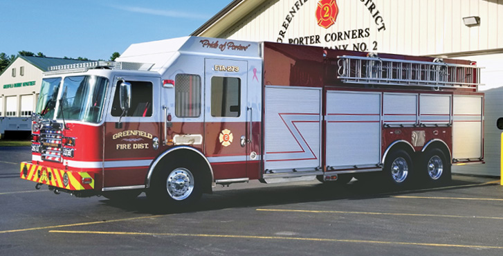 KME—Greenfield (NY) Fire Department rescue-tanker. Predator cab and chassis; Cummins X12 500-hp engine; Hale Qmax 1,500-gpm pump. UPF Poly 3,000-gallon water tank; Harrison 10-kW generator; Command Light light tower; AXIS™ Smart Truck Vehicle Protection System. Dealer: Aaron Warren, Bulldog Fire Apparatus—New York, Latham, NY. (Photo courtesy of the Greenfield Fire Department.)