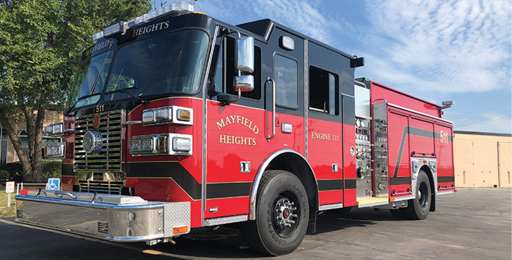 Sutphen—Mayfield Heights (OH) Fire Department pumper. Monarch cab and chassis; Cummins L9 450-hp engine; Hale Qmax 1,500-gpm pump; Pro Poly 750-gallon polypropylene water tank; 30-gallon foam cell; Hale SmartFOAM single-agent foam system; low hosebed; hydraulic ladder rack. Dealer: Bob Jones, Herb Fire Equipment, Powell, OH.