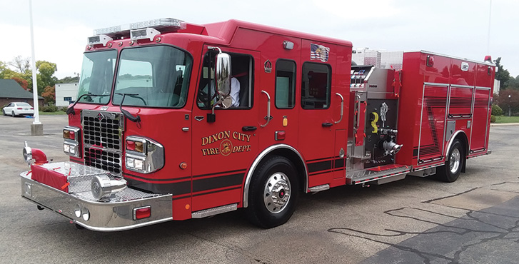 Alexis—Dixon City (IL) Fire Department pumper. Spartan Metro Star cab and chassis; Cummins L450-hp engine; Hale Qmax 2,000-gpm pump; 750-gallon polypropylene water tank; 30-gallon foam cell; FoamPro 2001 single-agent foam system; Smart Power 8-kW generator; Will-Burt Night Scan light tower with 6 Whelen 150-watt LED light heads. Dealer: Frank Ottenheime, Alexis Fire Equipment, Alexis, IL. (Photo by author.)