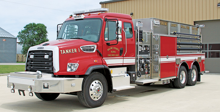 Toyne—Saline County Rural Fire Protection District, Marshall, MO, pumper-tanker. Freightliner SD114 2-door extended cab and chassis; Cummins L9 450-hp engine; Waterous CS CPK-2 1,250-gpm PTO pump; UPF Poly 3,000-gallon water tank; Zico hydraulic portable tank rack; stainless steel fire body. Dealer: Toyne Inc., Breda, IA.