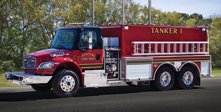 Pierce—Pontiac (IL) Rural Fire Protection District tanker. Freightliner M2 cab and chassis; Cummins L9 350-hp engine; Hale MBP 1,000-gpm pump; UPF Poly 3,000-gallon water tank. Dealer: Larry Graves, Global Emergency Products, Aurora, IL.