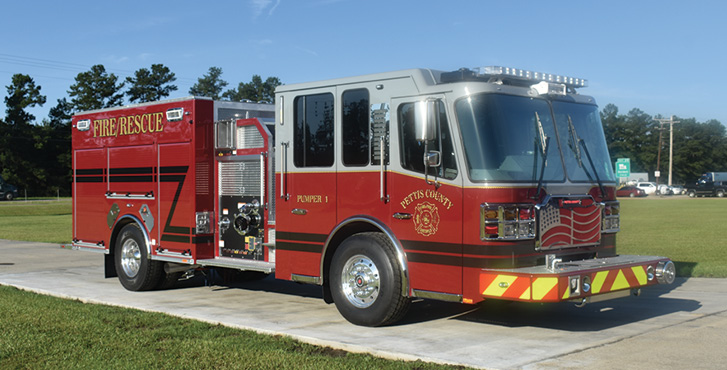 Ferrara—Pettis County Fire Protection District, Sedalia, MO, top-mount pumper. Cinder 4-door cab and chassis; Cummins L9 450-hp engine; Waterous CSU 2,000-gpm pump; 1,000-gallon polypropylene water tank; 30-gallon foam cell; FoamPro 1600 single-agent foam system; Whelen LED lighting package. Dealer: Chris Thompson, Fire Master Fire Equipment, Springfield, MO.