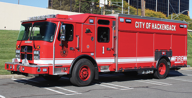 E-ONE—Hackensack (NJ) Fire Department rescue. Cyclone cab and chassis; Cummins X12 500-hp engine; 18-foot walk-around rescue body; Onan 30-kW generator. Dealer: Chris DuBois, Absolute Fire, South Plainfield, NJ. (Photo by Ron Jeffers.)